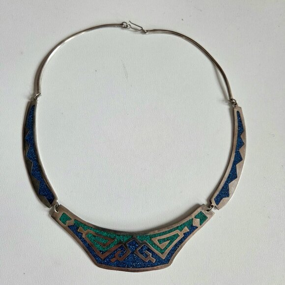 Vintage Aztec style bib choker necklace pendant Alpaca silver Mexico. - Picture 8 of 9